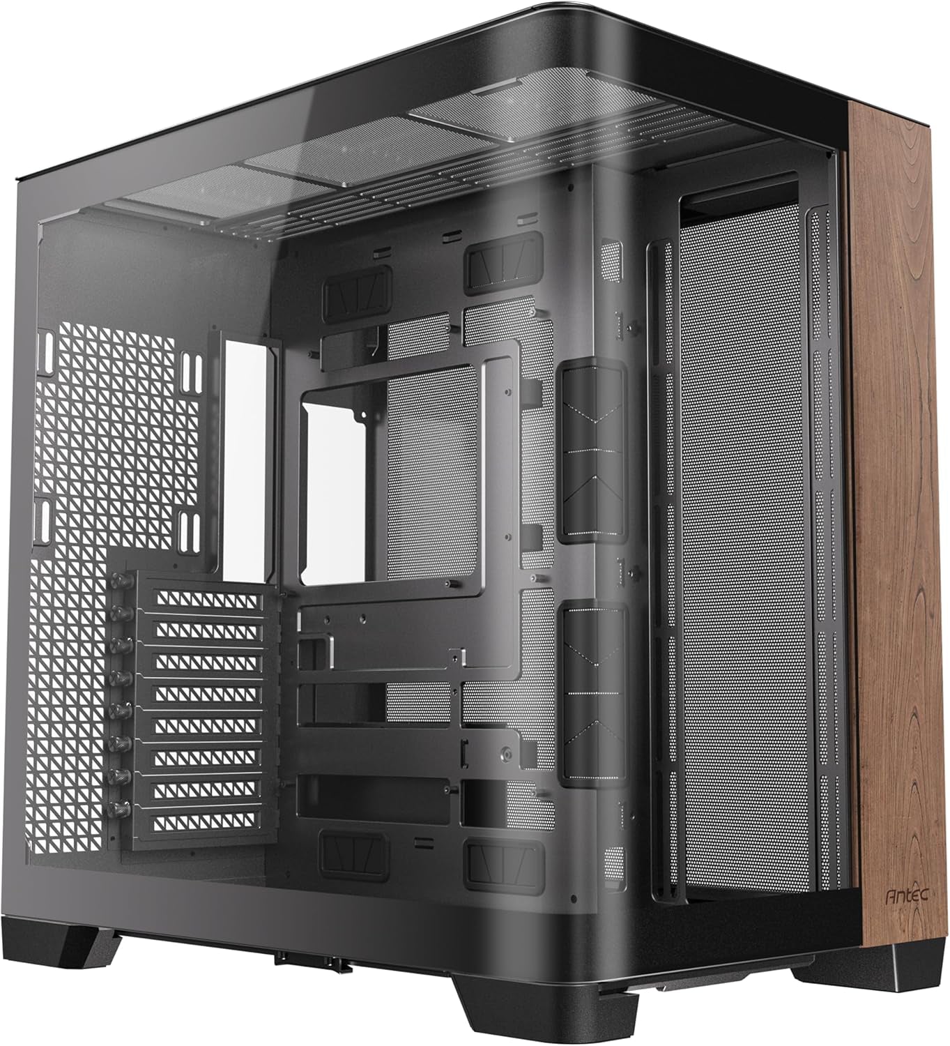 Antec C8 Curve Wood, Ventiladores no incluidos, Panel frontal de madera, vidrio curvado simple súper gran angular, diseño de doble cámara, tipo C, soporte de radiador de 360 mm, compatible con RTX 40,