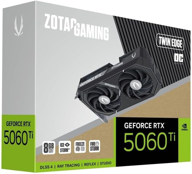 ZOTAC Gaming GeForce RTX 5060 Ti 8GB Individual Edge OC DLSS 4 8GB GDDR7 128-bit 28 Gbps PCIE 5.0 Tarjeta gráfica para Juegos, IceStorm 2.0 Cooling, SFF-Ready, ZT-B50610H-10M