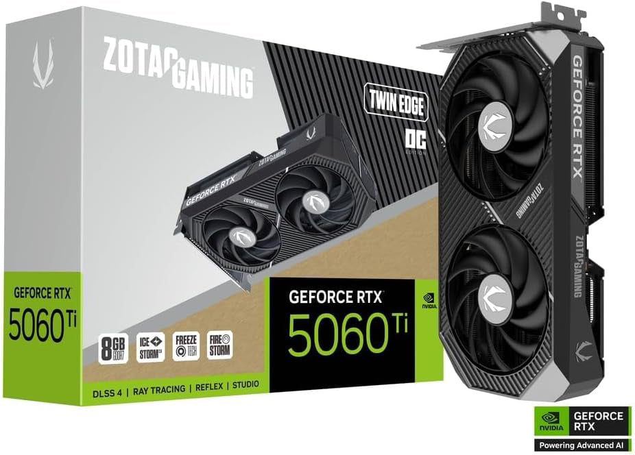 ZOTAC Gaming GeForce RTX 5060 Ti 8GB Individual Edge OC DLSS 4 8GB GDDR7 128-bit 28 Gbps PCIE 5.0 Tarjeta gráfica para Juegos, IceStorm 2.0 Cooling, SFF-Ready, ZT-B50610H-10M