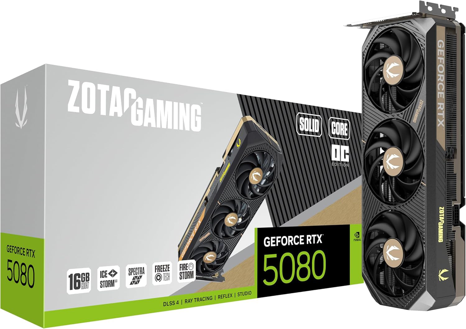 ZOTAC Gaming GeForce RTX 5080 Solid Core OC DLSS 4 16GB GDDR7 256-bit 30 Gbps PCIE 5.0 Tarjeta gráfica para Juegos, IceStorm 3.0 Advanced Cooling, Spectra RGB Lighting