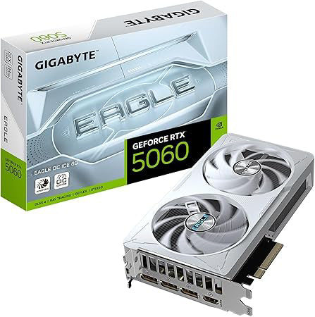 GIGABYTE Tarjeta gráfica GeForce RTX 5060 Eagle OC Ice 8G, 8 GB 128 bits GDDR7, PCIe 5.0, Sistema de refrigeración WINDFORCE, Tarjeta de Video