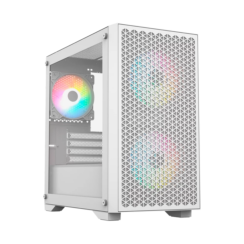 Gabinete Gamer Mini Torre Carbono Aircool 4000A / Max MB M-ATX / GPU 340 mm / 1x USB 3.0 + 1x USB 2.0 + 1x USB C 3.1 + Audio + 3x Fan ARGB / Panel Izq Cristal + Frente Mesh / Legend Blanco