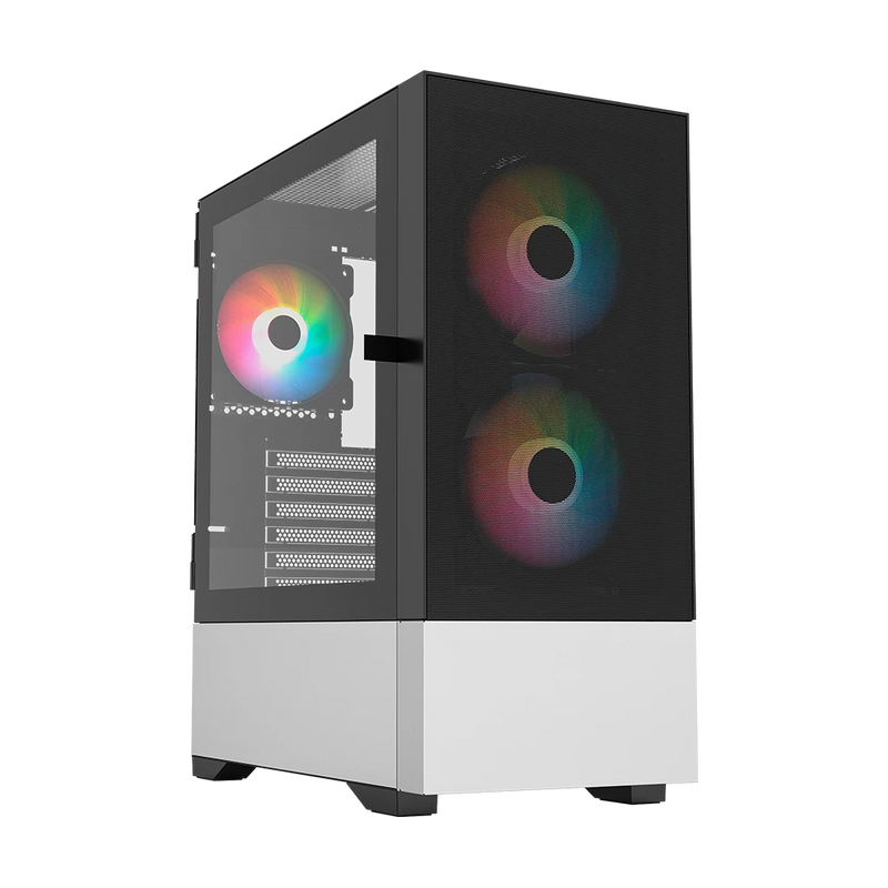 Gabinete Gamer Media Torre Nitrox Aircool 5500 ABW / Max MB ATX / GPU 320 mm / 1x USB 3.0 + 1x USB 2.0 + 1x Tipo C 3.1 + Audio + 3x Ven ARGB / Panel Izq Cristal con Bisagras + Frente Malla / Legend Negro y Blanco