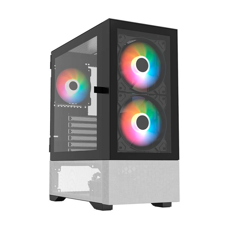 Gabinete Gamer Media Torre Nitrox Aircool 5500 ABW / Max MB ATX / GPU 320 mm / 1x USB 3.0 + 1x USB 2.0 + 1x Tipo C 3.1 + Audio + 3x Ven ARGB / Panel Izq Cristal con Bisagras + Frente Cristal / Legend Negro y Blanco
